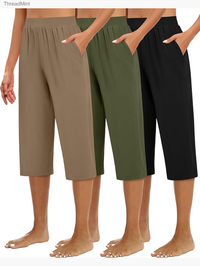 3 Pack Women's Capri Sweatpants Wide Leg With Pockets Lounge Joggers